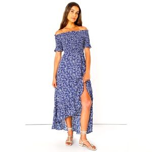 Lulus Fleur-tation Navy Blue Floral Print Off-the-Shoulder Midi Dress
